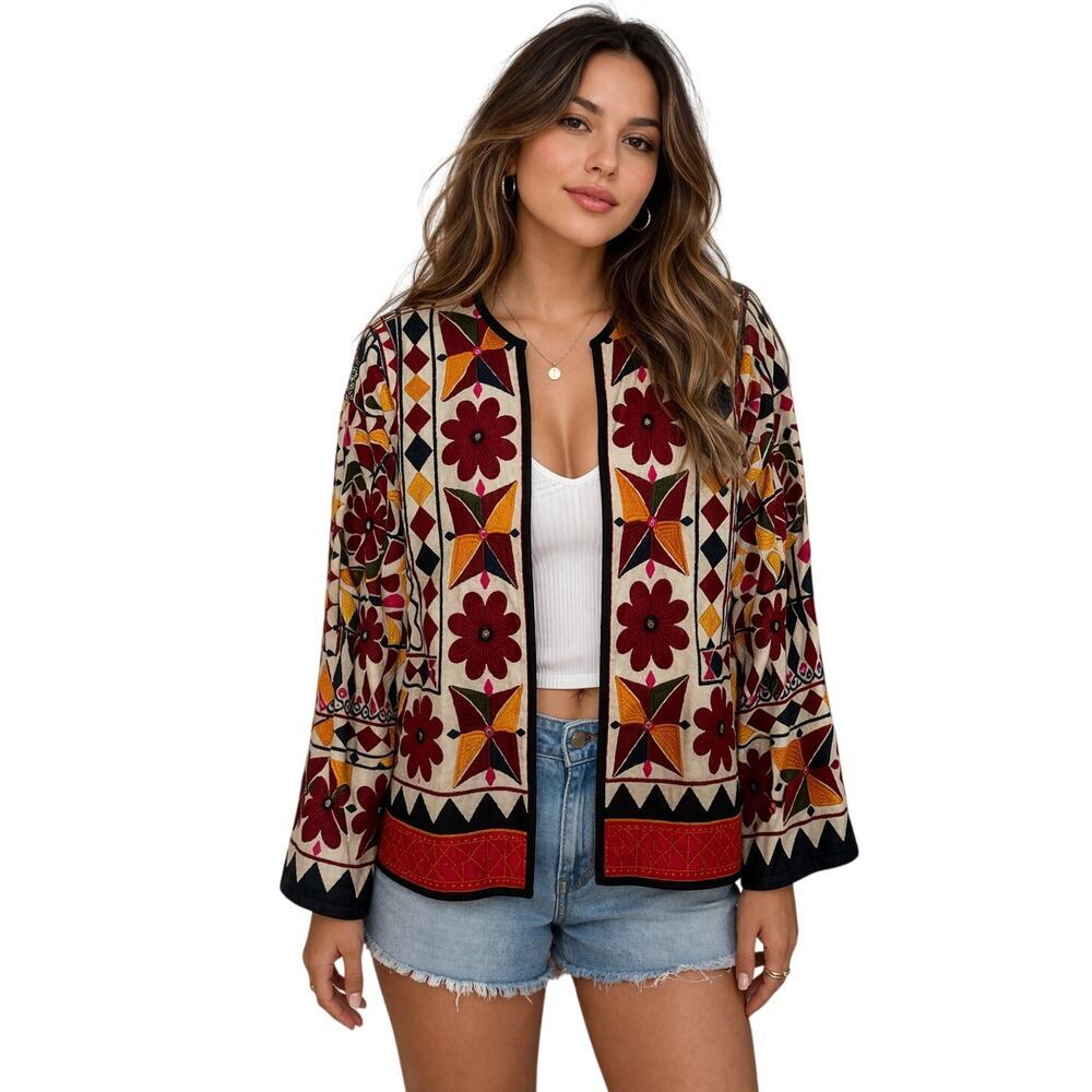 ZARA Ethnic Embroidered Beaded Mirror Indian Cotton Kimono Jacket Size Medium